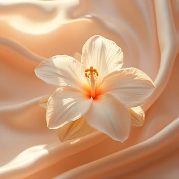 A vibrant tuberose stands out against a flowing silk backdrop, softly blurred with gentle creamy tones creating a serene ambiance.
