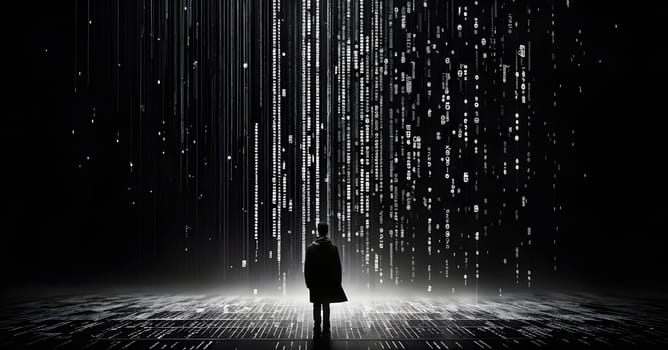 abstract animation of binary code cascading down like digital rain, representing data insights in monochromatic hues
