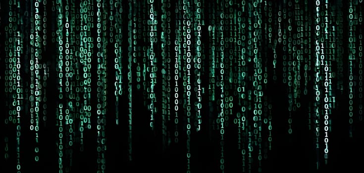 abstract animation of binary code cascading down like digital rain, representing data insights in monochromatic hues