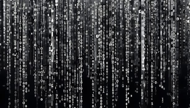 abstract animation of binary code cascading down like digital rain, representing data insights in monochromatic hues