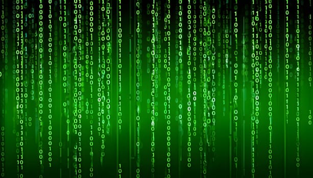 abstract animation of binary code cascading down like digital rain, representing data insights in monochromatic hues