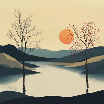 Minimalist landscape featuring bare trees, a vibrant sun, and a tranquil lake surrounded by rolling hills.