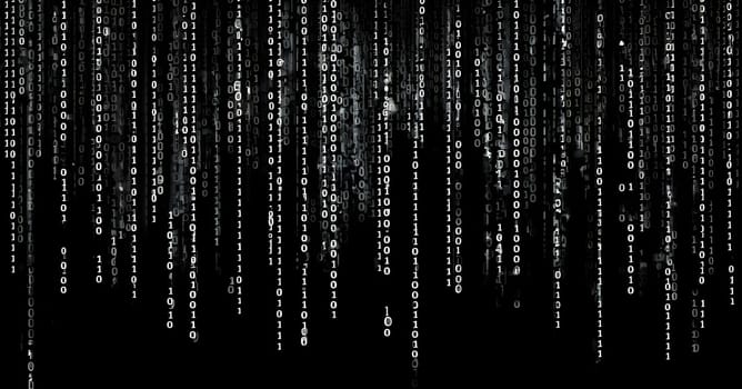 abstract animation of binary code cascading down like digital rain, representing data insights in monochromatic hues