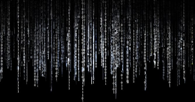 abstract animation of binary code cascading down like digital rain, representing data insights in monochromatic hues