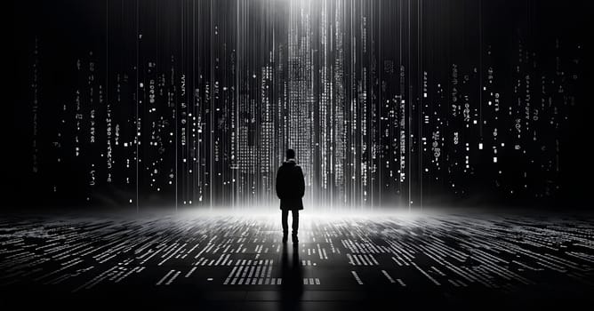 abstract animation of binary code cascading down like digital rain, representing data insights in monochromatic hues