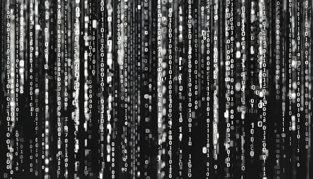 abstract animation of binary code cascading down like digital rain, representing data insights in monochromatic hues