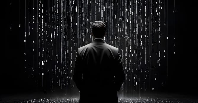 abstract animation of binary code cascading down like digital rain, representing data insights in monochromatic hues