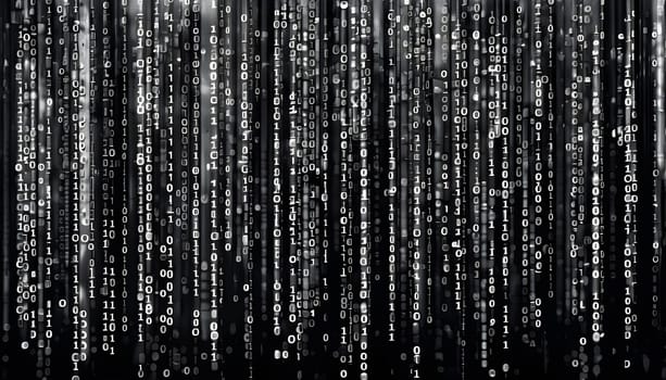 abstract animation of binary code cascading down like digital rain, representing data insights in monochromatic hues