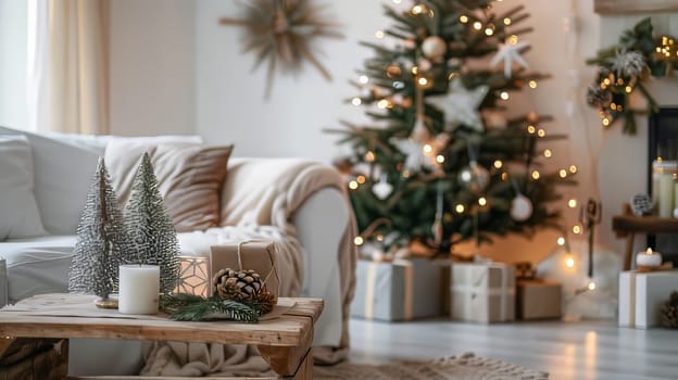 A Christmas tree is lit up in a living room. There are three candles on a wooden table