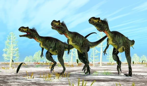 Megalosaurus carnivorous dinosaurs hunt for prey among a forest of Carboniferous trees during the Jurassic Period.
