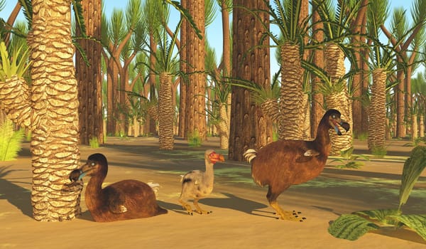 A family of Dodo birds rest among a forest of Sigillaria and Williamsonia gigas trees.