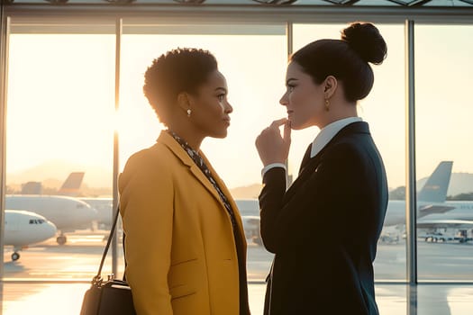 Two women engaged in a meaningful discussion at an airport, illuminated by the warm glow of the setting sun. African American woman talk to white woman stewardess