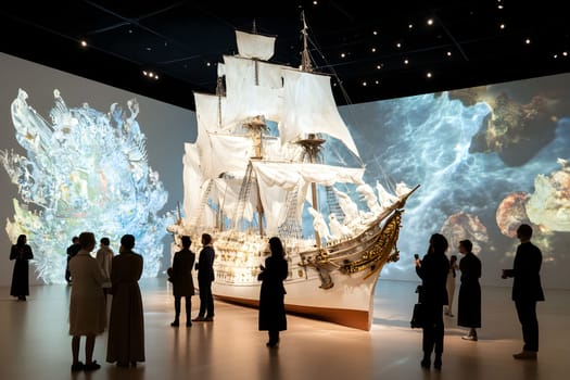 At a maritime museum, visitors gather to admire an intricate sailboat exhibition, featuring a stunningly detailed model. The surrounding digital projections enhance the nautical theme and atmosphere.