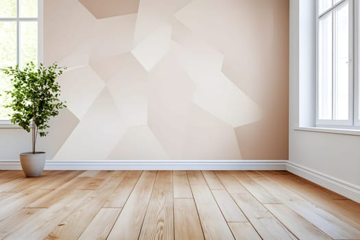 Stylish indoor space featuring a neutral beige wall design, wooden flooring, and a potted plant. Interior mockup with trendy color shades