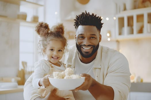 A joyful father and his young daughter are happily holding a bowl of freshly made food in a bright, warmly lit kitchen. They are sharing a special moment filled with love and laughter.