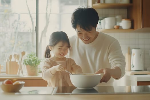 Asian father and daughter enjoy quality time cooking in their cozy kitchen. The soft morning light illuminates their joyful expressions as they prepare a dish, creating lasting memories together.
