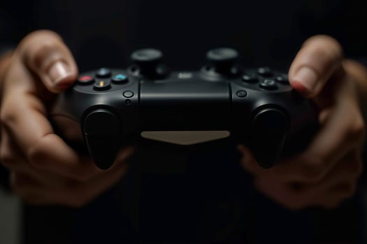 Close-up of hands gripping a black gaming controller in a dimly lit environment. Gaming, technology, entertainment, and immersive experiences with modern video games