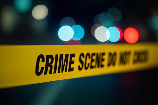 Close-up of yellow crime scene tape with bold Do Not Cross text, set against blurred blue and red lights. Represents law enforcement, caution, and crime investigation in an urban environment.