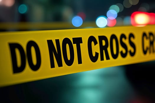 Close-up of yellow crime scene tape with bold Do Not Cross text, set against blurred red and blue lights. Represents law enforcement, caution, and crime investigation in an urban environment