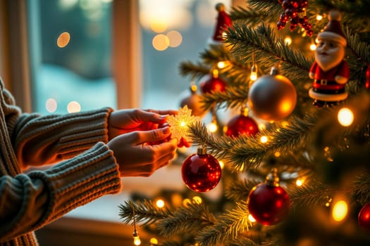 Hands placing a glowing snowflake ornament on a beautifully decorated Christmas tree. The tree is adorned with red baubles, lights, and festive decorations, creating a cozy holiday atmosphere