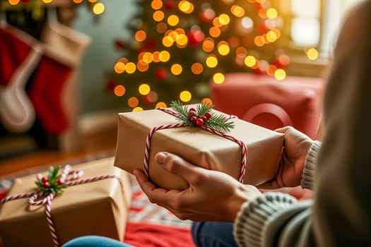 Close-up of hands holding a beautifully wrapped gift with candy cane string and pine decorations. Christmas tree and glowing lights in the background. Cozy holiday celebration concept.