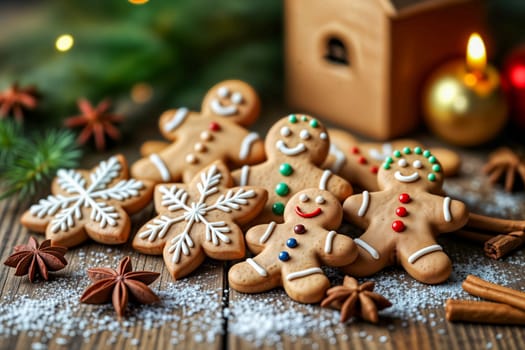 Close-up of homemade gingerbread cookies shaped as people and snowflakes with festive icing. Holiday-themed dessert on wooden table surrounded by spices and Christmas decor