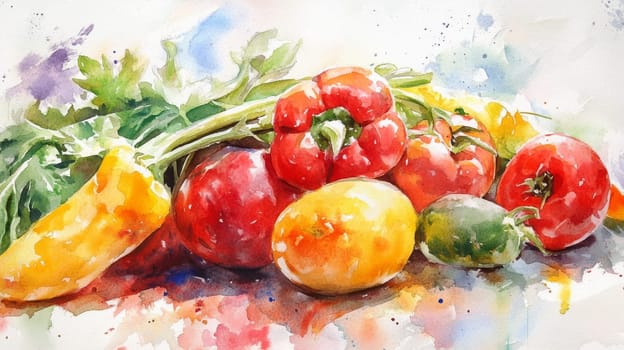 A vivid watercolor illustration showcasing a variety of fresh vegetables, featuring peppers and tomatoes in a colorful artistic style.