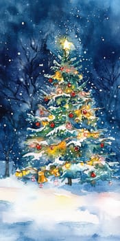Beautiful watercolor painting of a Christmas tree adorned with lights and ornaments, set against a snowy night sky.