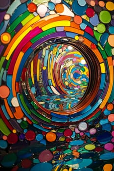 A vivid abstract art piece featuring colorful circular patterns and reflections, showcasing a modern and dynamic artistic installation.