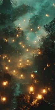 A magical forest path lit by glowing lanterns, surrounded by fog and dense foliage, creating a mystical nighttime atmosphere.