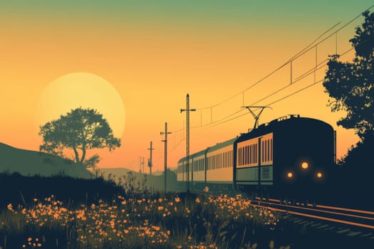 A train travels through a picturesque countryside at sunset, with a vibrant orange sky and silhouetted trees.