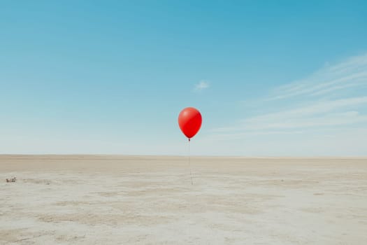 A single red balloon stands out against the expansive desert, symbolizing solitude and freedom under a bright blue sky.