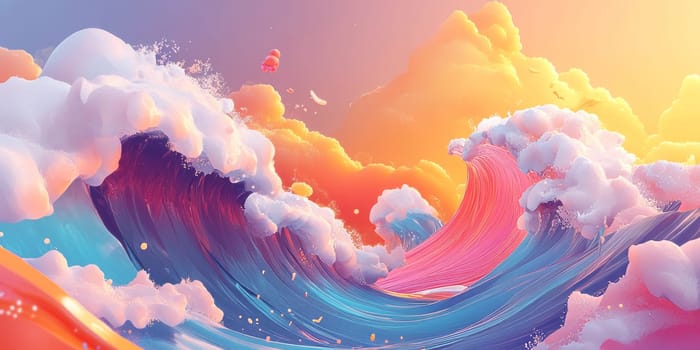 Surreal digital artwork of ocean waves and clouds in vivid colors, creating a dreamlike and imaginative seascape.
