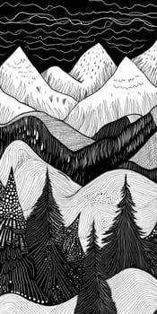 A mountain range with trees in the foreground. The trees are black and white. The mountains are in the background