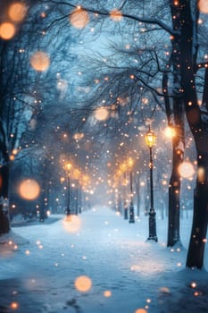 A magical winter scene featuring a snow-covered path lined with glowing street lamps, creating a serene and enchanting atmosphere.