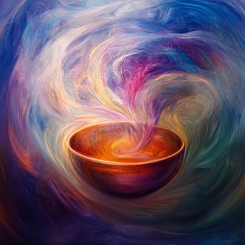 A colorful abstract image featuring swirling patterns and vibrant hues emerging from a bowl, creating a dynamic and energetic visual effect.