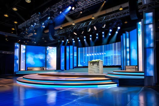 A contemporary event stage with vibrant lighting and LED screens in a spacious auditorium, perfect for conferences, concerts, and presentations.