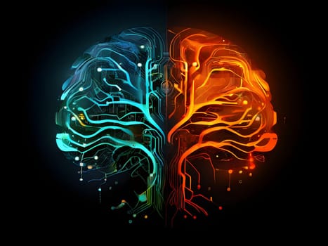 abstract brain split into two halves, one side athletic motion, the other side neural network
