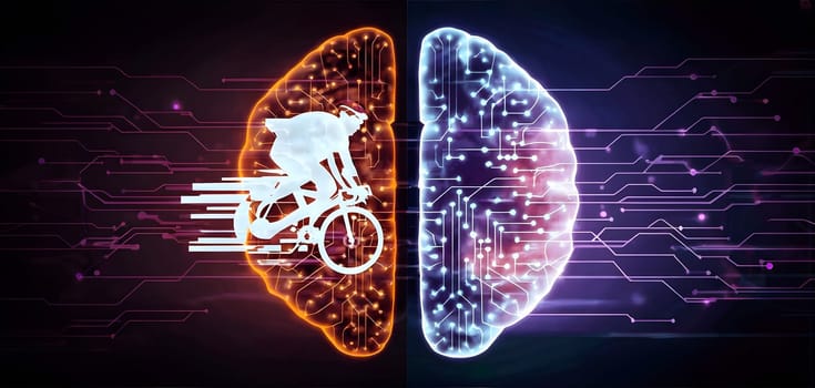 abstract brain split into two halves, one side athletic motion, the other side neural network