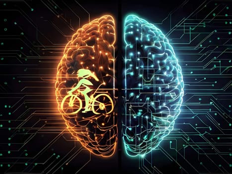 abstract brain split into two halves, one side athletic motion, the other side neural network