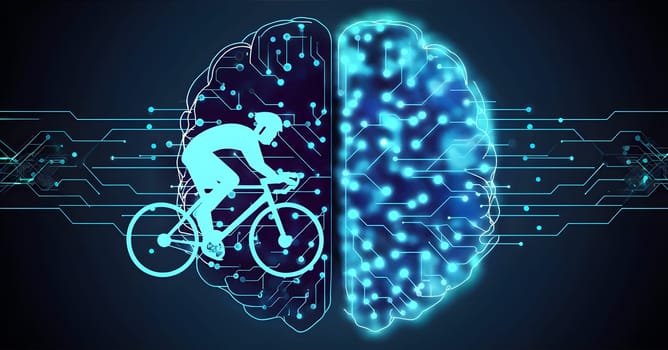 abstract brain split into two halves, one side athletic motion, the other side neural network