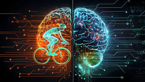 abstract brain split into two halves, one side athletic motion, the other side neural network