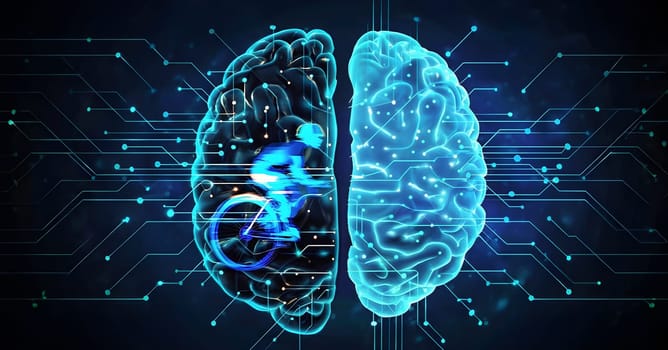 abstract brain split into two halves, one side athletic motion, the other side neural network