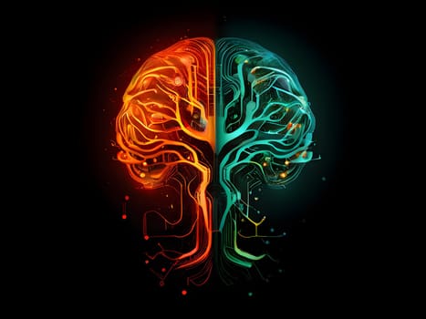 abstract brain split into two halves, one side athletic motion, the other side neural network