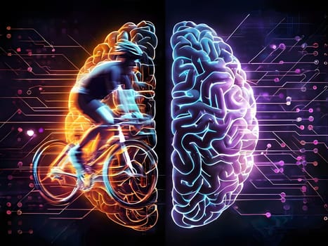 abstract brain split into two halves, one side athletic motion, the other side neural network