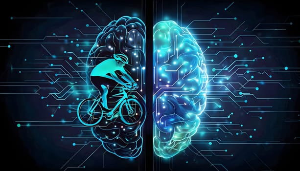 abstract brain split into two halves, one side athletic motion, the other side neural network