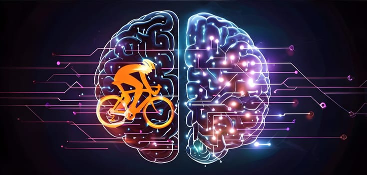 abstract brain split into two halves, one side athletic motion, the other side neural network