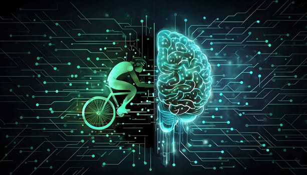 abstract brain split into two halves, one side athletic motion, the other side neural network