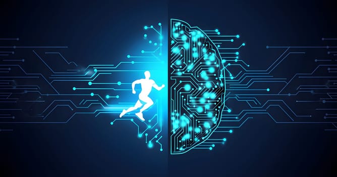 abstract brain split into two halves, one side athletic motion, the other side neural network
