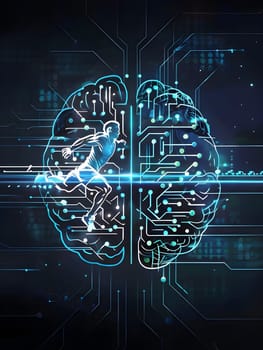 abstract brain split into two halves, one side athletic motion, the other side neural network